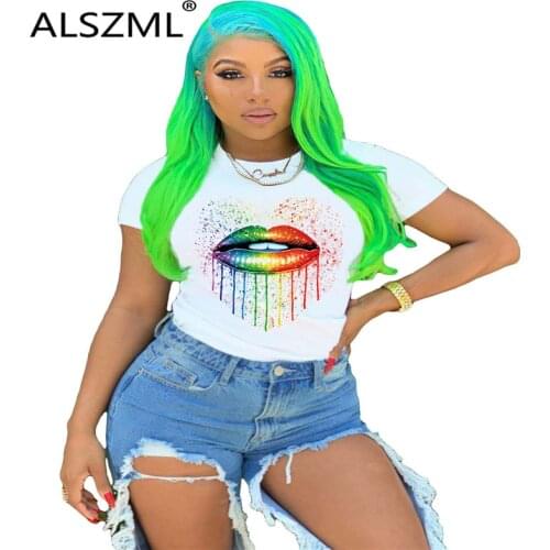 2020 new fashion rainbow lip print womens t-shirt o neck short sleeve summer white tees streetwear trendy tees