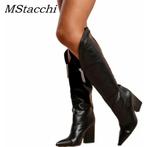 Womens High Boots Chunky Heel Silver Decoration Pointed Toe Ladies Shoes Party High Heels Knee High Boots Sexy Botas Mujer 2021