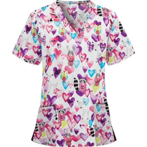 Women Scrub Top With Pockets V-Neck Print Scrub Uniforms Nurse Scrub Tops For Women Short Sleeve Blouse Ladies Overalls A50