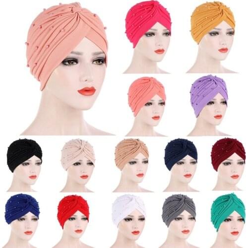2020 Fashion Pearls Beading Women Turban Caps Stretchy Muslim Headscarf Bonnet Ready to Wear Hijab Caps India Africa Hat