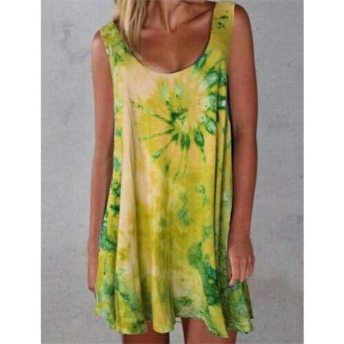 2021 Ladies Fashion Casual Plus Size Dress Dye Printing Dress Sleeveless V-neck Loose Dress Bohemian Casual Vacation Beach Dress