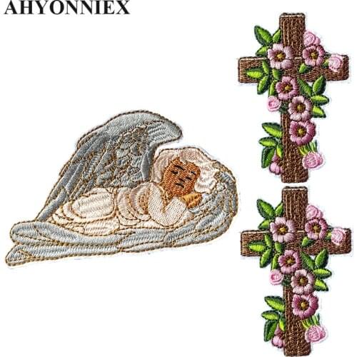1 Piece Flower Cross Embroidery Repair Patches Bag Jacket Jeans Angels Iron On Patches for Clothes Small Glue Sticker