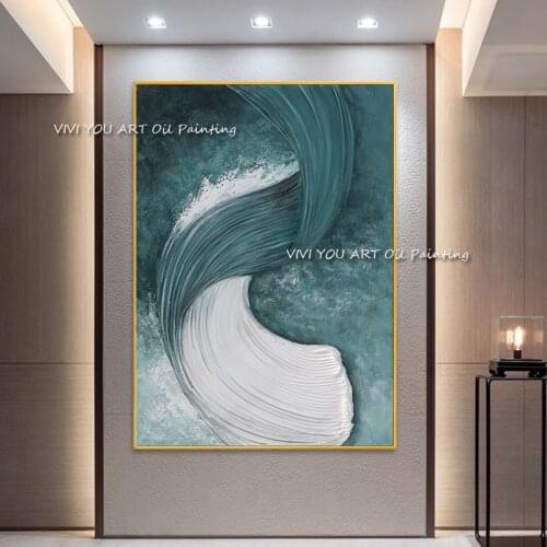 100% Handmade Blue Sea White Oil Painting Wall Art Canvas Large Painting Modern Wave Wall Picture For Living Room Decoration