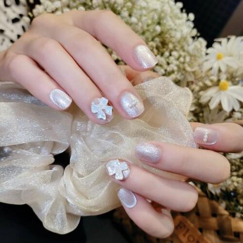 High Quality 24pcs Bow Fake Nail Patch Glue Type Removable Short Paragraph Fashion Manicure False Save Time Nails Patch