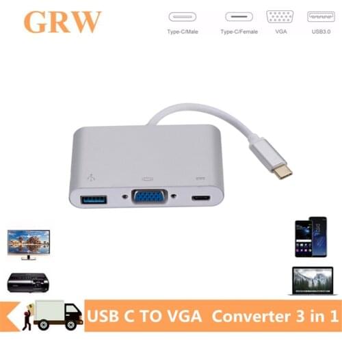 GRWIBEOU USB C to VGA Type c to VGA 3 in 1 Converter Adapter Typec to vga VGA/USB 3.0/Type-C Aluminum For Apple Macbook adapter