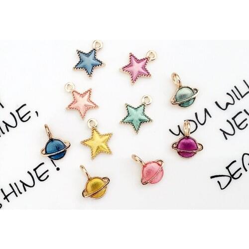 Free Shipping 100PCS Glitter Enamel Cute Stars Saturn Pendant Charms Gold Color Plated Oil Drop Bracelet Necklace Charm Craft