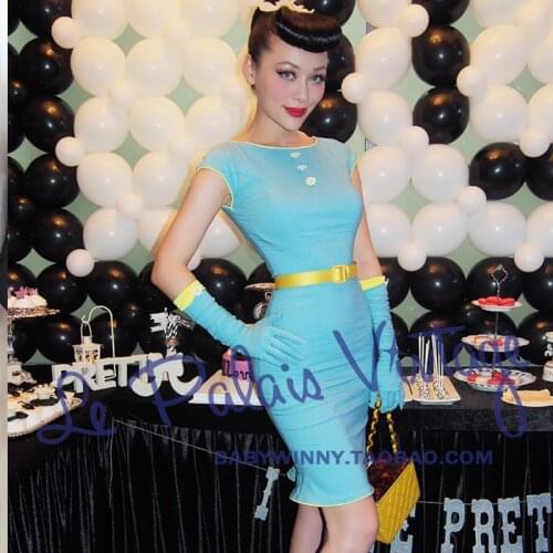 FREE SHIPPING 2015 Summer Style Le Palais Vintage Limited Edition Pin Up Sexy Blue Daisy Solid Sheath Sleeveless Dress For Women