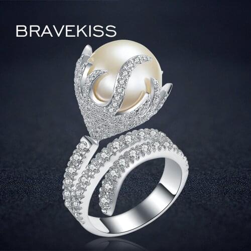 BRAVEKISS unique big simulated pearl cocktail rings for women cz stone pave wedding rings bands aneis ringen bague jewel BUR0327