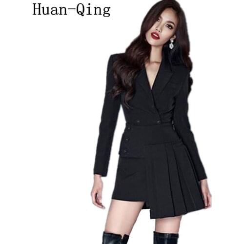 Business Suit Black 2 Piece Set Autumn Runway Women Double-breasted Long Blazers Coats + Irregular Pleated Skirt Two Piece Set