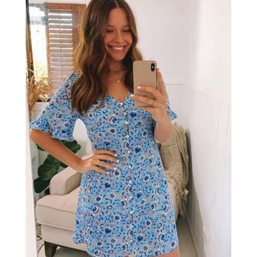 Jastie Summer Boho Dress Casual Floral Print Mini Dresses Women 2020 Bohemian Short Beach Dress V-Neck Sundress Femme Vestidos