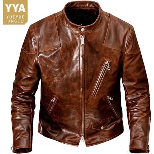 Oil Wax Cowhide Short Jacket Mens Stand Collar Motorcycle Genuine Leather Jackets Vintage Brown Slim Fit Males Casual Outerwear