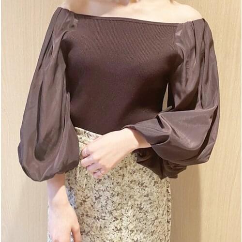 Kuzuwata Japan Style Simple Solid Lantern Sleeve Shirts Spring Summer New Knit Patchwork Blusas Sexy Slash Neck Women Blouse