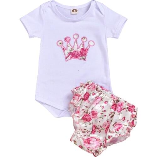Summer Baby Girls Clothes Crown Embroidery Bodysuits Flower Shorts Newborns Suits 2021 New Casual Infant Set Baby Costume