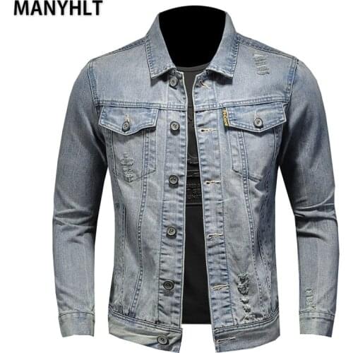 MANYHLT Spring and Autumn New Style Boutique Pure Cotton Fashion Blue Black Mens Casual Denim Jacket Slim Cowboy Coat M-4XL