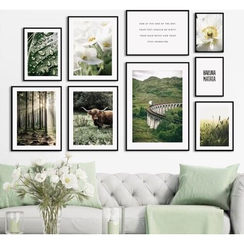 Mountain Train Yak White Flowers Forest Wall Art Canvas Painting Nordic Posters And Prints Wall Pictures For Living Room Decor
