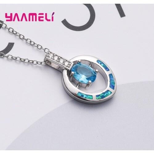 Fashion Blue Opal Pendant Necklaces for Women Female 925 Sterling Silver AAA Zircon Oval Stone Wedding Engagement Jewelry Gift