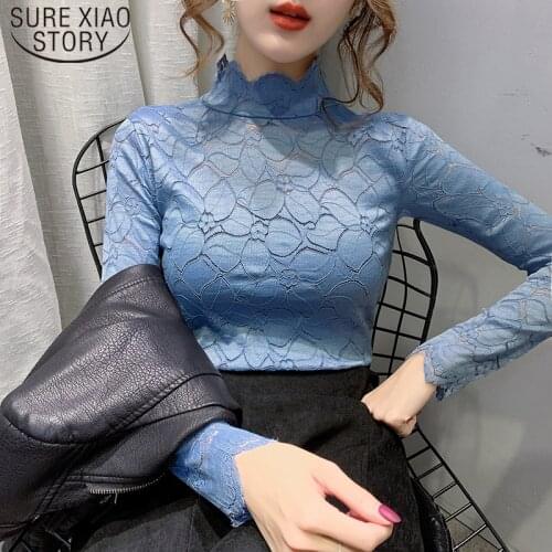 Solid Elegant Slim Tops Korean Style Women Turtleneck Tops Casual Solid Long Sleeve Lace Blouse Spring Clothing 7909 50