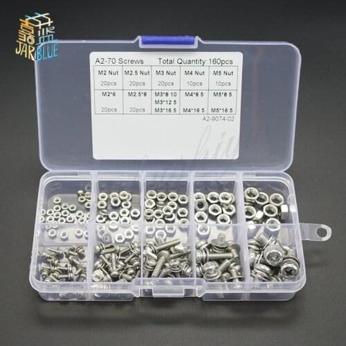 Practical 160pcs M2 M2.5 M3 M4 M5 A2 SS SEM Phillips Pan Head Screws Nuts Kit