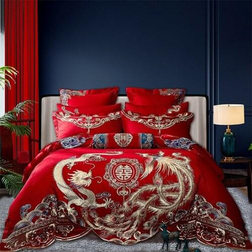 Luxury Red Egyptian Cotton Chinese Wedding Bedding Set Gold Long Phoenix Embroidery Duvet Cover Bed Sheet/Bedspread Pillowcases