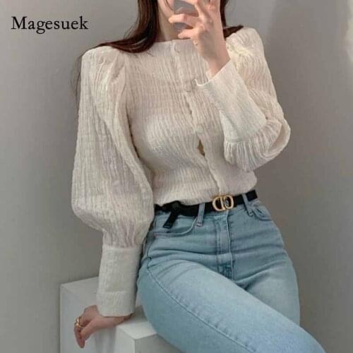 Chic Pleated Slimming Lantern Sleeve Shirt Long Sleeve Blouse Women Solid Blouses Fashion 2020 Autumn Shirt Blusas Mujer10993