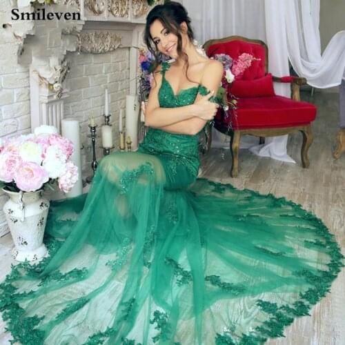 Smileven Dark Green Mermaid Evening Dress Formal Prom Gowns Long Beaded Crystal Evening Party Dress Custom Made