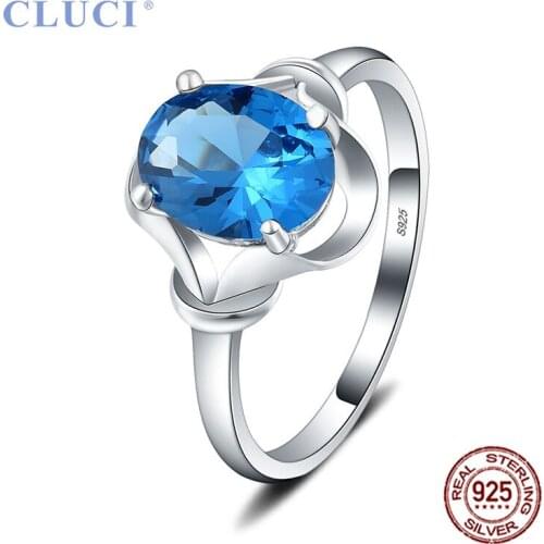 CLUCI Silver 925 Big Blue Zircon Ring Jewelry Simple Classic Claws Women Sterling Silver Wedding Engagement Ring DR1057SB
