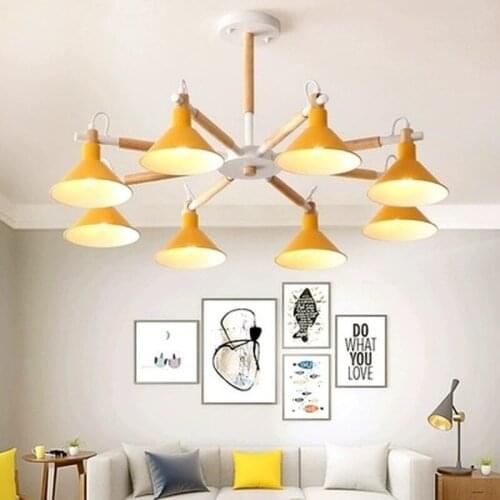 Solid Wood LED Chandeliers For Living Room Bedroom colors lampshade Nordic Style Surface Mount E27 Lamps Lighting Fixtures