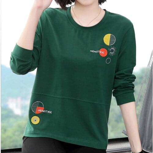 Shintimes 2020 Spring Fall Vintage Floral Embroidery Plus Size Long Sleeve T Shirt Women Cotton T-Shirt Clothes Tee Shirt Femme