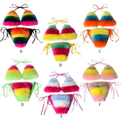 Women Summer Sexy 2 Piece Bikini Set Faux Fur Rainbow Striped Halter Swimsuit Tie Side Plush Bathing Suit Party Clubwear