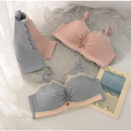 Roseheart Pink Blue Women Fashion Sexy Lingerie Lace Seamless Push Up Bras Bralette Wireless Cotton Panties Padded Bra Set