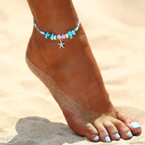 2020 New Women Bohemian Starfish Beads Stone Anklets On Leg Beach Ankle Jewelry Boho Silver Color Chain Bracelet Gifts