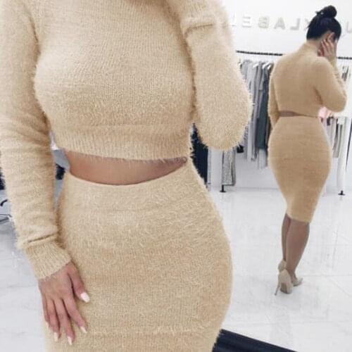 Knitted 2 Pieces Set Women Pullovers Sweater Crop Tops & Knitted Skirts Office Lady Bodycon Suits Sets 2020 Winter