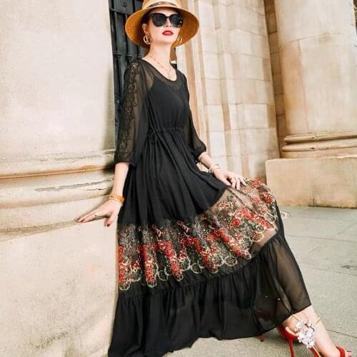 2020 New Summer Women Three Quarter High Street A-Line Dress Lady Beach Long Dresses Lady Elegant Floral Embroidery Vestidos A54