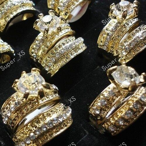120Pcs 60Pairs Wholesale Jewelry Lots Ring Cubic Zircon Rhinestones Gold Women Ring 2 in 1 Rings BL036