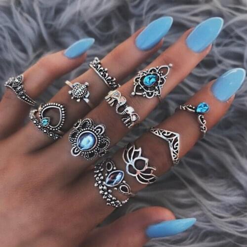 13 Pcs/Set Women Fashion Bohemian Punk Elephant Turtle Heart Flower Crown Crystal Silver Color Joint Ring Lady Party Ring Set