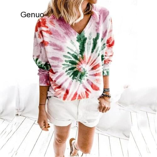 2020 Womens Casual V-neck Shirt Long Sleeve Tie Dye Print Loose Tops Fashion Pullover Autumn Winter Shirt