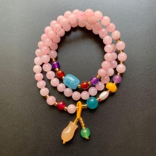 Natural Pink Quartz Beads Tibetan Buddhist Bracelet Necklace Pink Love Stone Charms Bracelet 1pc 6mm Dropshipping