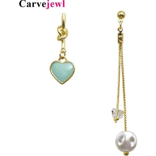 Carvejewl Fashion Korean simulated pearl earring Romantic Girls Blue pink Heart long Asymmetric Dangle Drop Earrings Personality