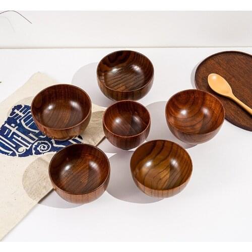 Wooden Bowl Creative Household Kitchen Tableware Soup Bowl Salad Rice Noodle Bowl Food Container Anti-scald Tableware