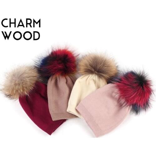 Baby Beanie Hat Autumn Wool Skullies Beanies with Raccoon Fur Pompom Newborn Boys and Girls Slouchy Real Fur Winter Pompon Hat