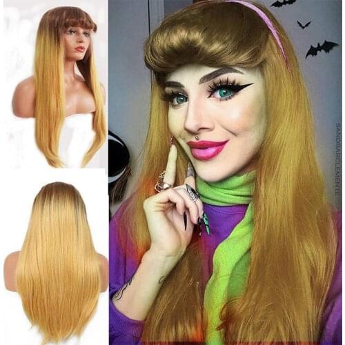 Long Blonde Synthetic Lace Front Wigs for Women Natural Hairline Brown Ombre Blonde Synthetic Wig with Bangs Glueless Heat Fiber