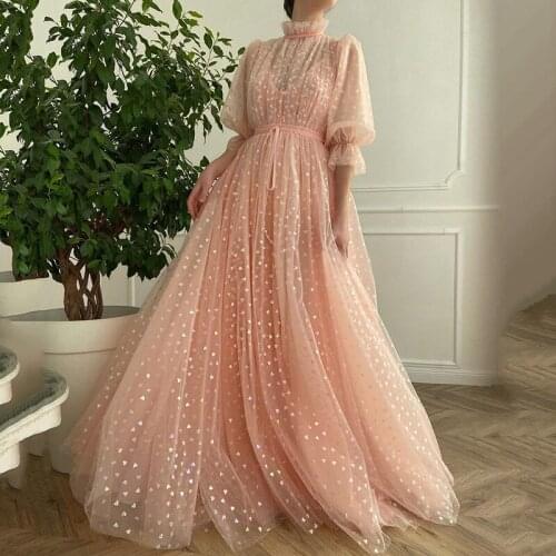 Coral Long Prom Dresses 2021 High Neck 3/4 Sleeve Vestido de Fiesta Formatura Formal Evening Gowns Haute Couture