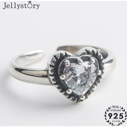 Jellystory Fashion Open Ring for Women 925 Sterling Silver Ring with Heart-shape Zircon Gemstone Wedding Party Gift Jewelry Ring