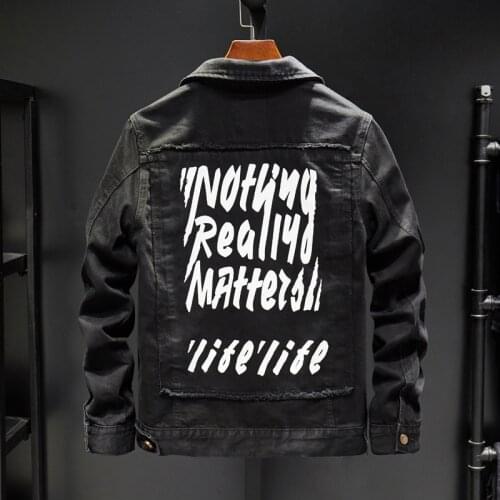 Classic Slim Denim Jacket Male Washed Black Fashion Letter Print Jean Coat Autumn Outerwear Skinny Boy Trend Hip-hop Streetwear