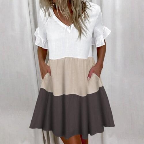 Patchowork Woman Dress Summer V-neck Short Sleeve Pleated Ruffles Beach Pocket Dress Fashion Dresses For Women