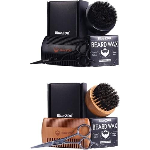 4 In 1 Mens Beard Grooming Kit Moustache Wax Brush Comb & Scissors Gift Set