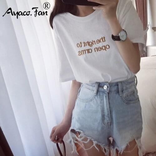 2019 Summer New Short Sleeve Loose Women T-Shirts for Girls Students BF Style Embroidery Letter T-Shirt Casual Lady Slim Tops