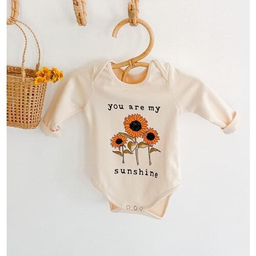 Autumn Casual Infant Long Sleeved O-neck Jumpsuit Clothing 0-24M New Toddlers Baby Boys Girls Sunflower Letters Printed Bodysuit