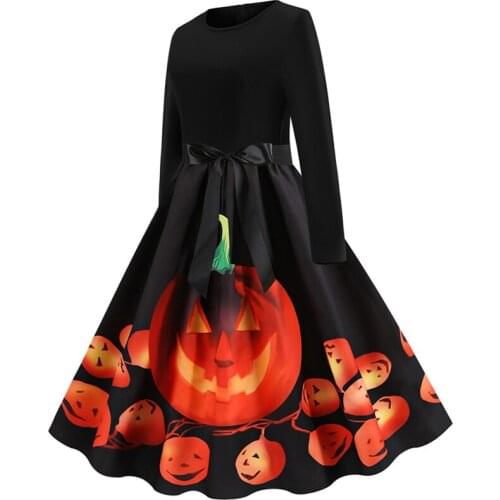 Pumpkin Print Halloween Dress Long Sleeve Mid Length Princess Swing Dress Ladies Costume For Festival Party Plus Size S-XXL
