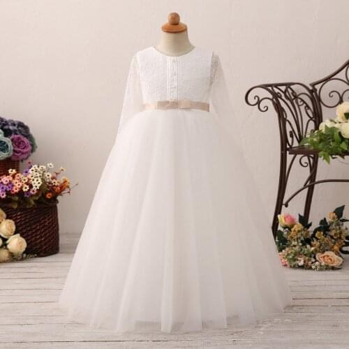 Ivory White First Communion Dress for Girls Long Sleeve Lace Puffy Tulle Flower Girl Dress Custom Made